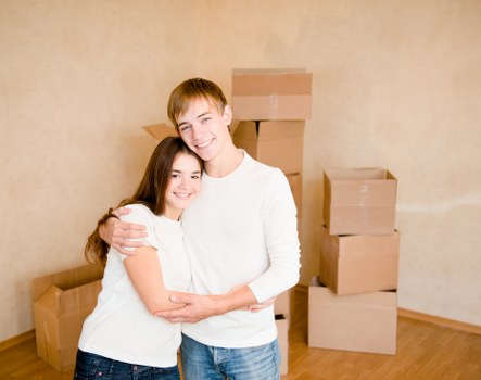 Packed office furniture and equipment ready for transport