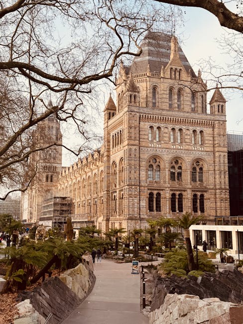 Exterior view of a historic stone building with intricate architectural details, including arched windows and decorative turrets, situated in an urban environment with leafless tree branches in the foreground. Below the building, there is a landscaped area featuring small palm trees, large rocks, and a paved pathway, with groups of people walking nearby. In the background, scaffolding indicates ongoing restoration or construction work. This scene is captured during daylight with soft, natural lighting, reflecting a typical setting for moving and relocation services in a city like South Kensington, relevant to house removals and furniture transport, as referenced on southkensingtonmovers.co.uk in the context of a SW7 removals guide for moving near museums.